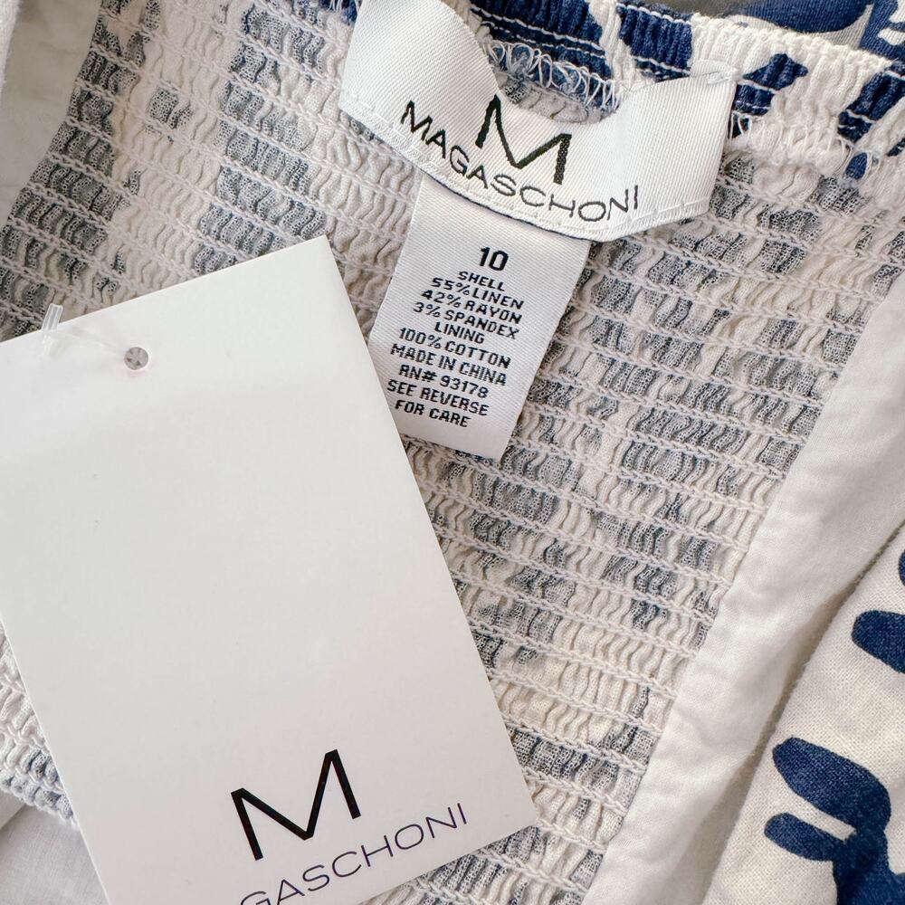 Magaschoni Bold Shadow Fauna Linen Smocked Midi Dress Blue White Size 10 NWT - Picture 8 of 9